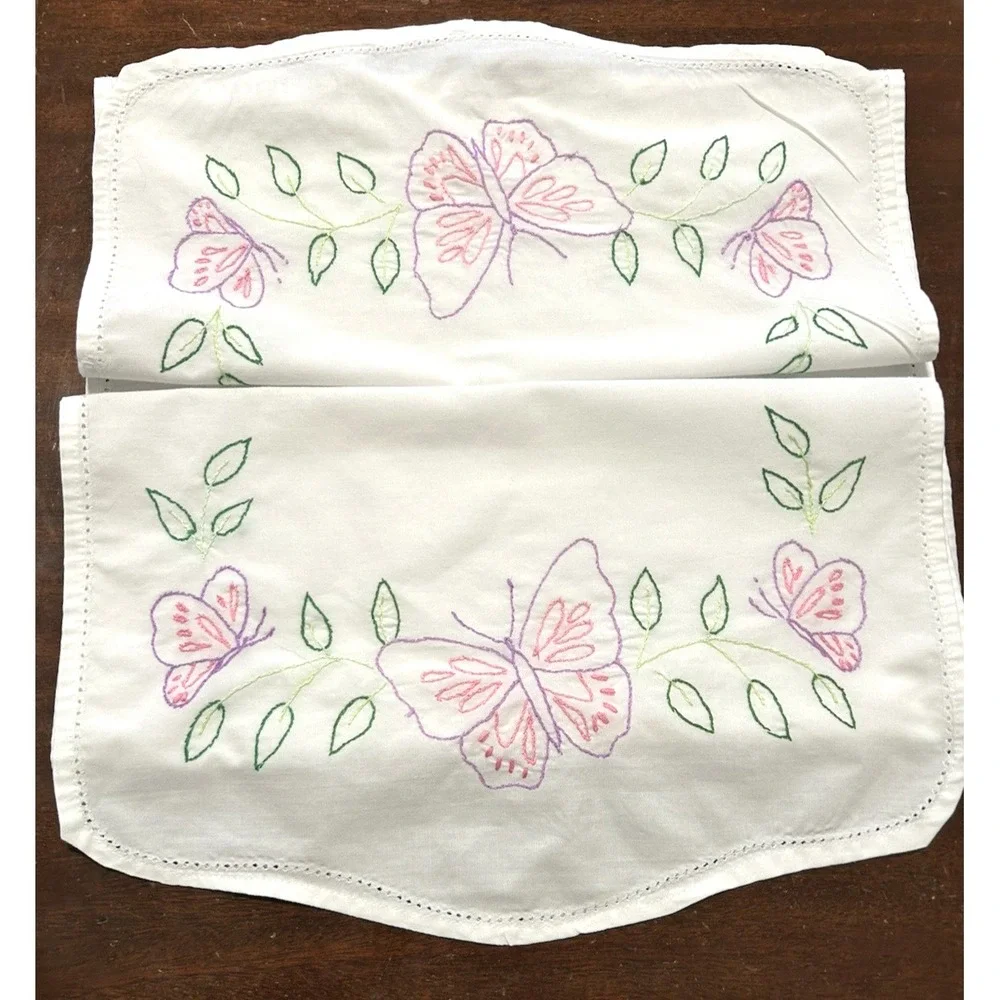 Vintage Hand Embroidery Butterfly Table Runner Dresser Scarf 42